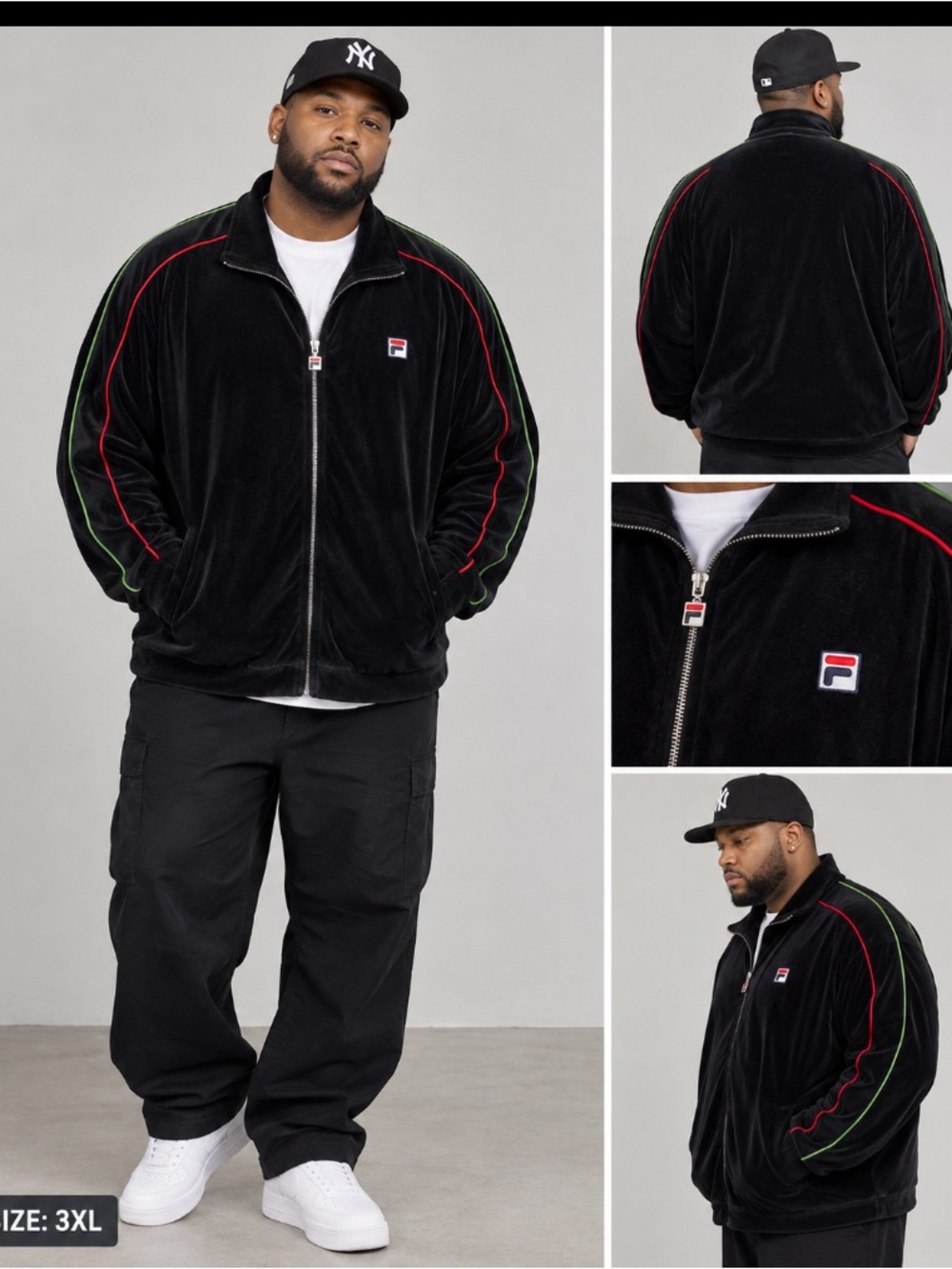 VTG Fila 3XL Black Velour Track Jacket Y2K Red Green Stripe on sleeve full zip